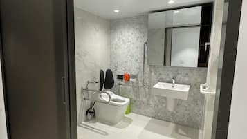 Shower, hair dryer, bidet, towels