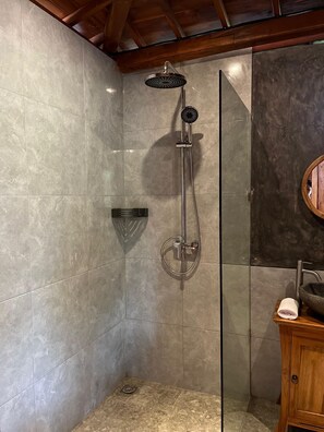 Shower, bidet, soap, toilet paper