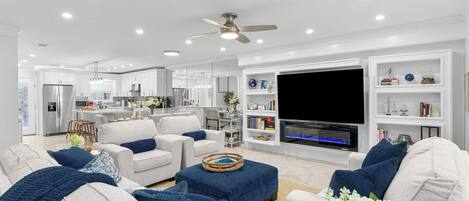 TV, fireplace, offices