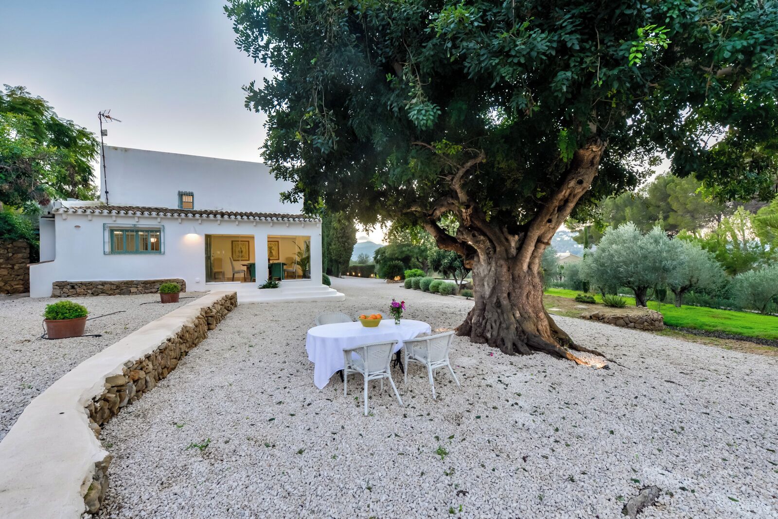 Una villa blanca con un patio de grava, un árbol grande y una mesa con sillas.