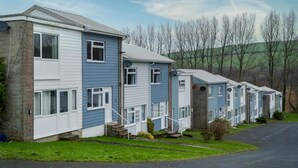 A row of blue and white houses with a paved driveway and a grassy lawn.
