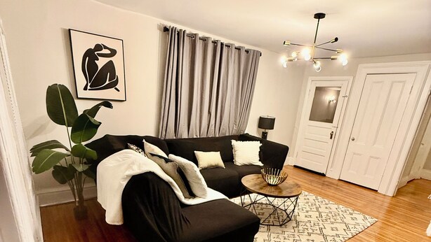 A living room with a black sofa, a coffee table, a potted plant, and a painting on the wall. - Luxe 2-bedroom apartment near university of Rochester and hospitals.pets allowed (Rochester)