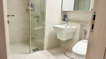 Shower, hair dryer, bidet, towels