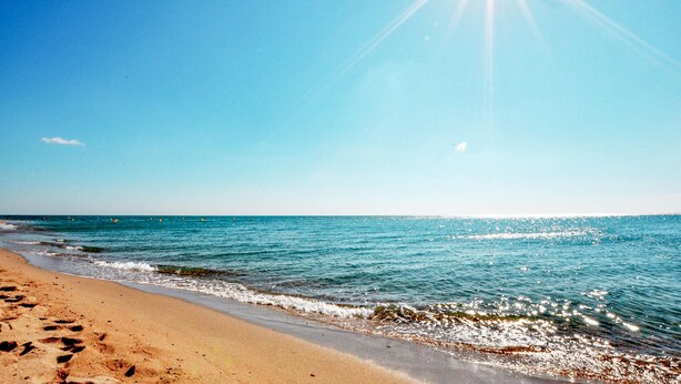 Une plage où l’on voit des empreintes de pas menant à l’eau, un ciel dégagé et un soleil éclatant.