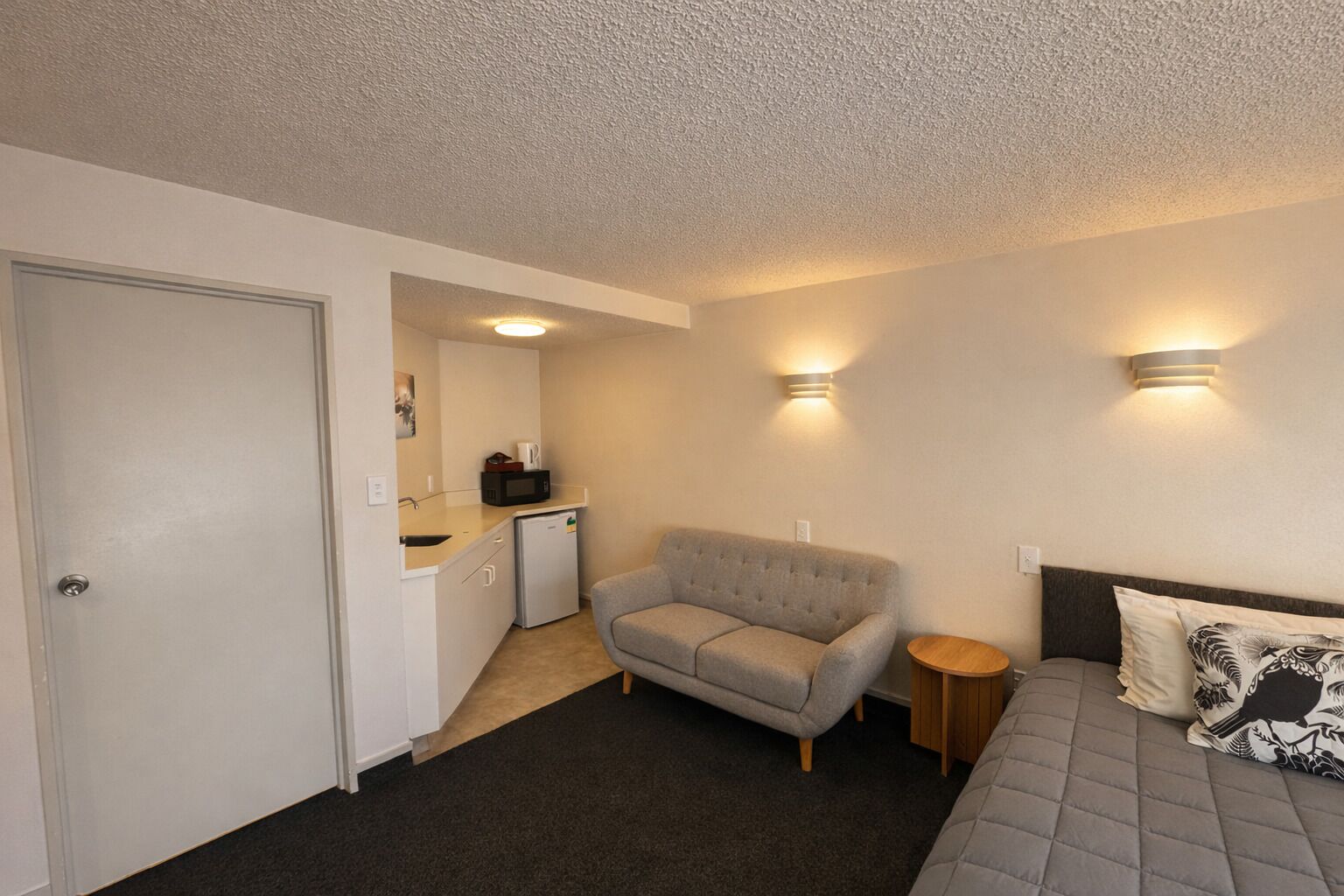 A compact room with a sofa, a bed, a small kitchenette, and a door.