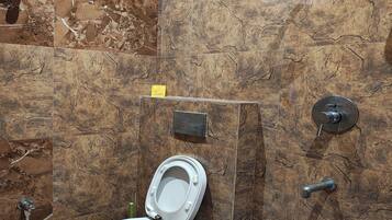 Shower, rainfall showerhead, towels, soap