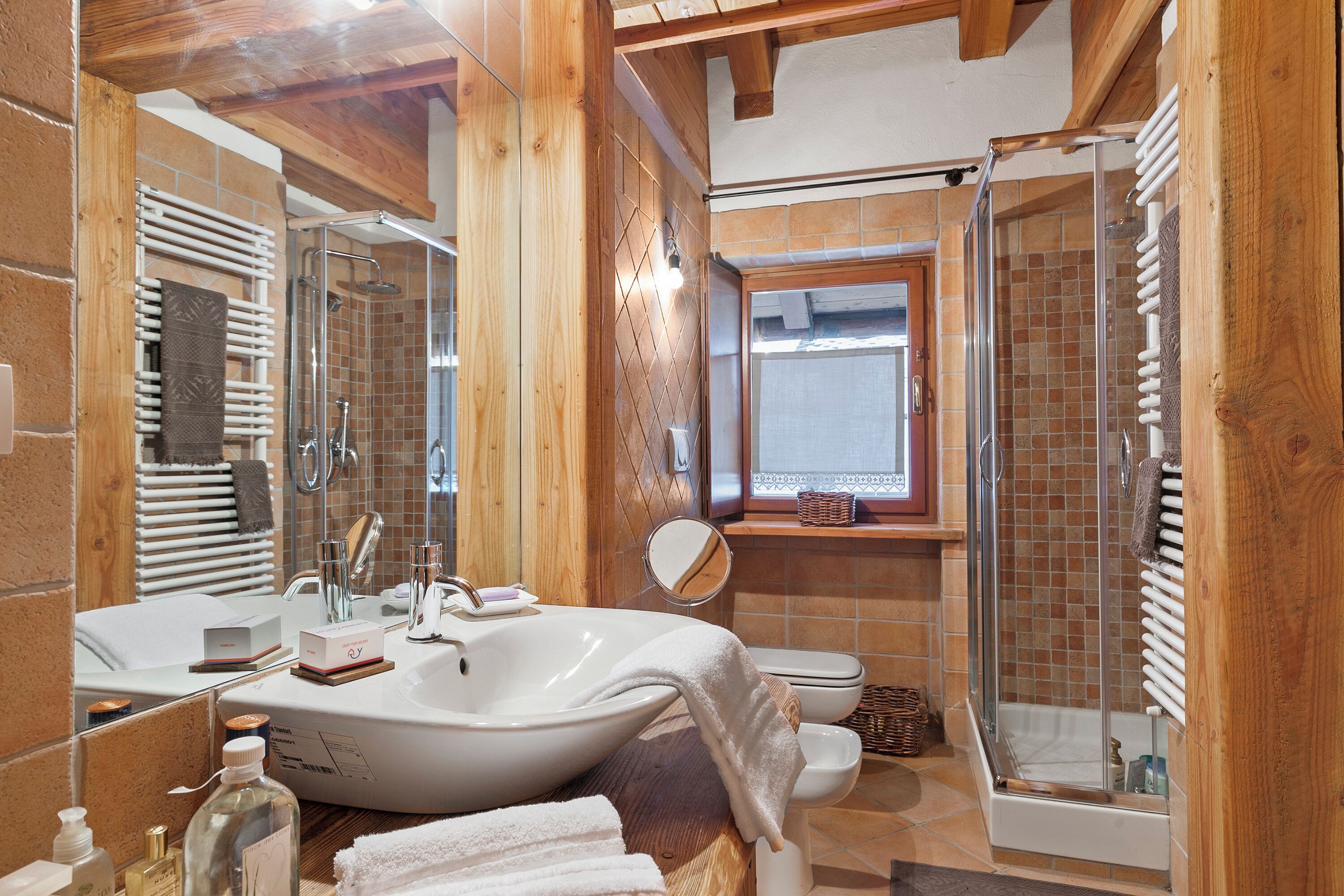 Shower, hair dryer, bidet, towels