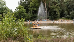 A lake with a wooden platform, surrounded by trees and people enjoying the water. - Nature Stay With Garden (Turnhout)