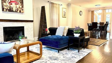 Smart TV, fireplace, books