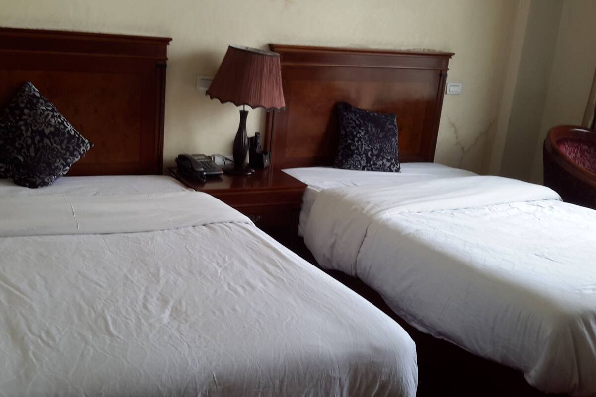 Dos camas individuales con cabeceros de madera, sábanas blancas y almohadas estampadas. Hay una mesita de noche con una lámpara y un teléfono.
