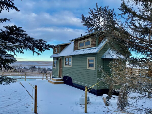 Une cabane verte avec un porche à l’avant et une petite terrasse, entourée d’arbres couverts de neige et sous un ciel dégagé.