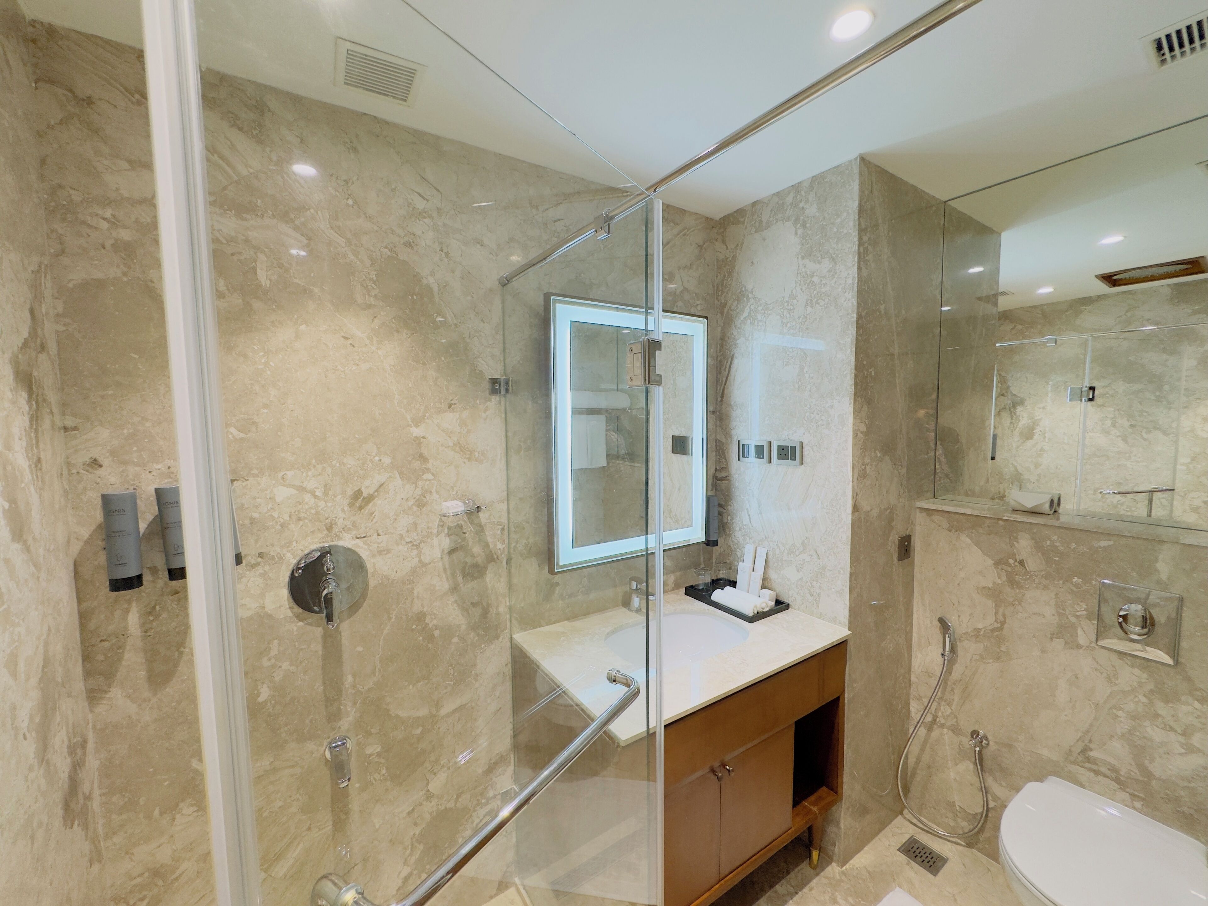 A modern bathroom with a glass-enclosed shower, a vanity with a mirror, and a toilet.