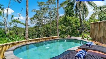 Outdoor pool, pool umbrellas, pool loungers