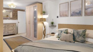 Ein Schlafzimmer mit Bett, Nachttisch und Schrank. Ein Kleiderschrank mit Spiegel und einer hängenden Pflanze ist ebenfalls vorhanden.