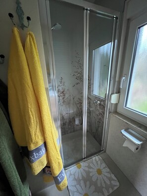 Dusche, Haartrockner, Handtücher, Seife