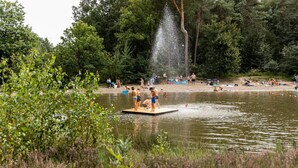 A lake with a wooden platform, surrounded by trees and people enjoying the water. - Nature-infused Stay, Turnhout (Turnhout)