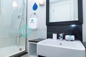 A bathroom with a glass-enclosed shower, a white sink with a soap dispenser, and a mirror above the sink.