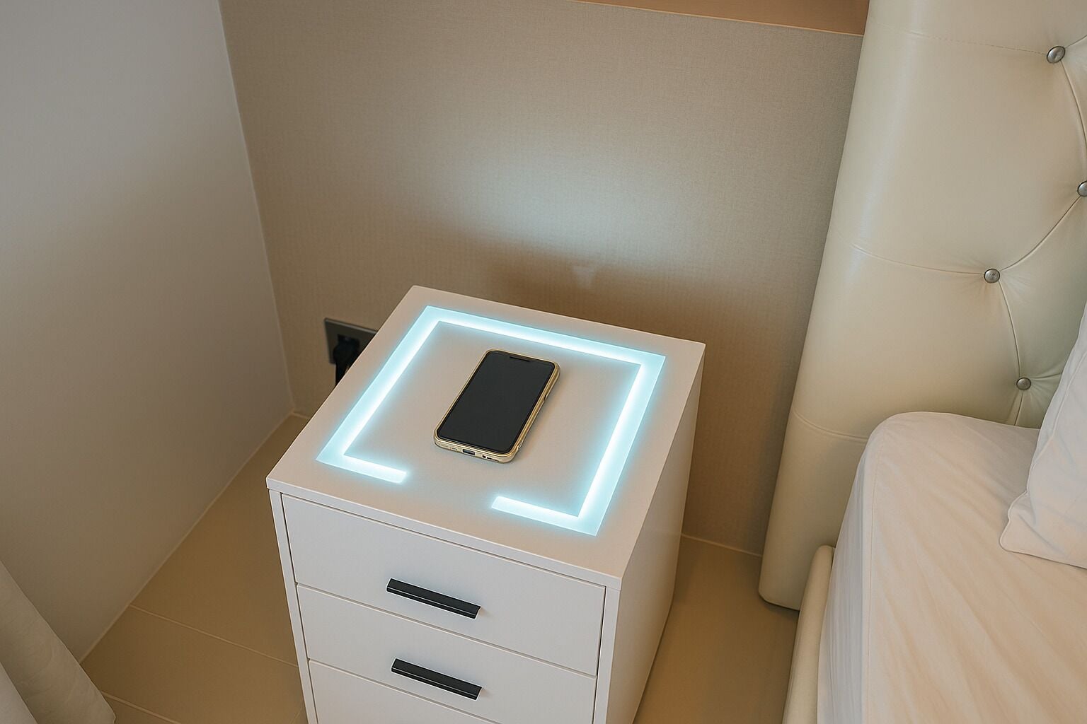 A bedside table with a smartphone on it, a drawer, and a nightstand with a lamp.