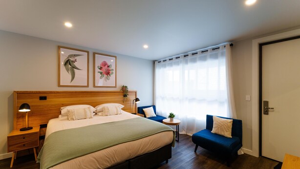 Un dormitorio con una cama grande, una mesita de noche, una silla, una pequeña mesa con una planta y una ventana con cortinas.