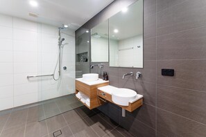 Ducha, secador de pelo, toallas y jabón