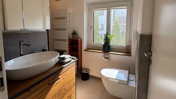 Shower, hair dryer, towels