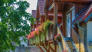 A row of wooden houses with tiled roofs and balconies adorned with flowers. - Apartment 'C' with Lake View, Balcony and Wi-Fi (Meersburg)