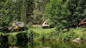 A lakeside cabin with a deck, surrounded by dense forest and a calm lake. - Holiday Home 'Häusle Nr 2' with Shared Garden and Balcony (Titisee-Neustadt)