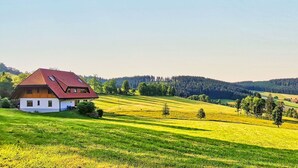 A house with a red roof, surrounded by green fields and trees. - Apartment 'Fichte' with Shared Garden, Balcony and Wi-Fi (Titisee-Neustadt)