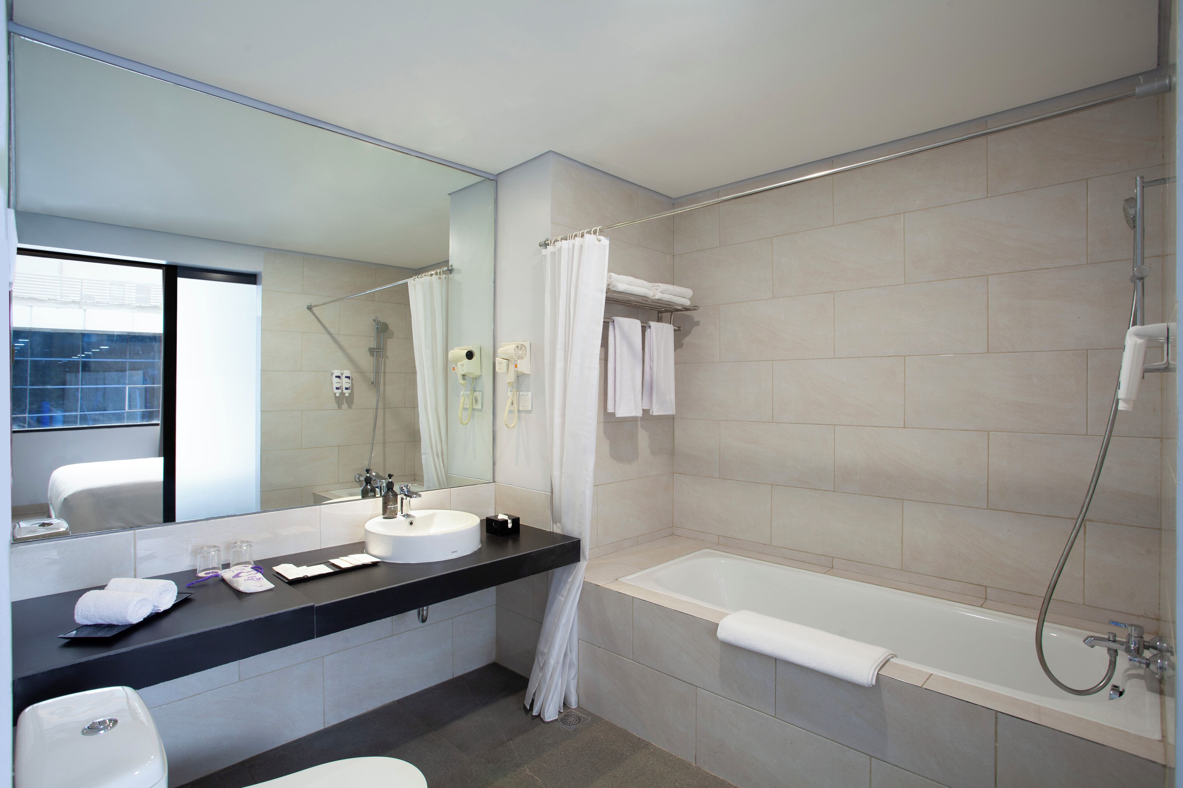 A modern bathroom with a bathtub, a large mirror, a sink, and a toilet.