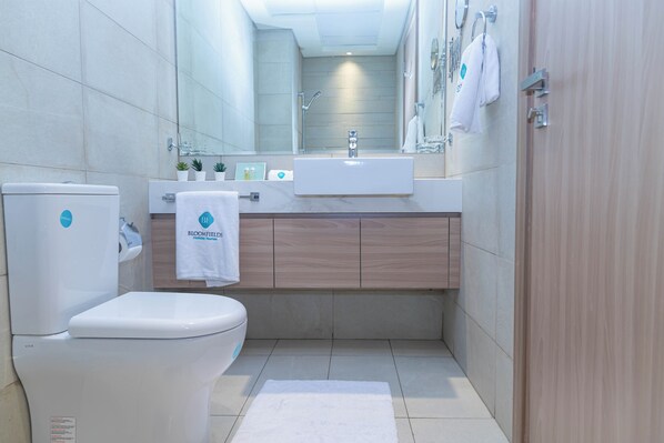 A modern bathroom with a toilet, sink, and mirror.