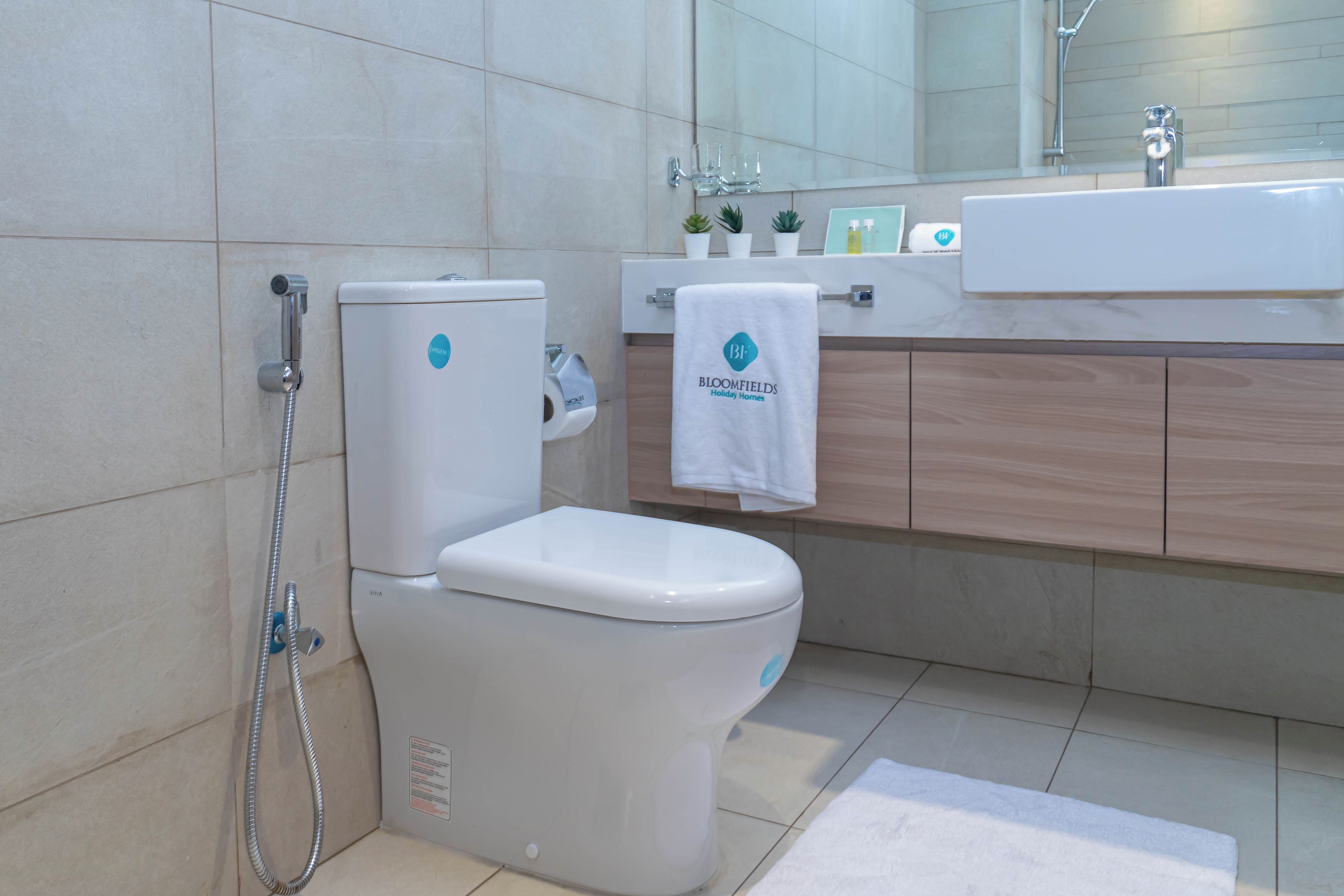 A modern bathroom with a toilet, a shower, and a sink.