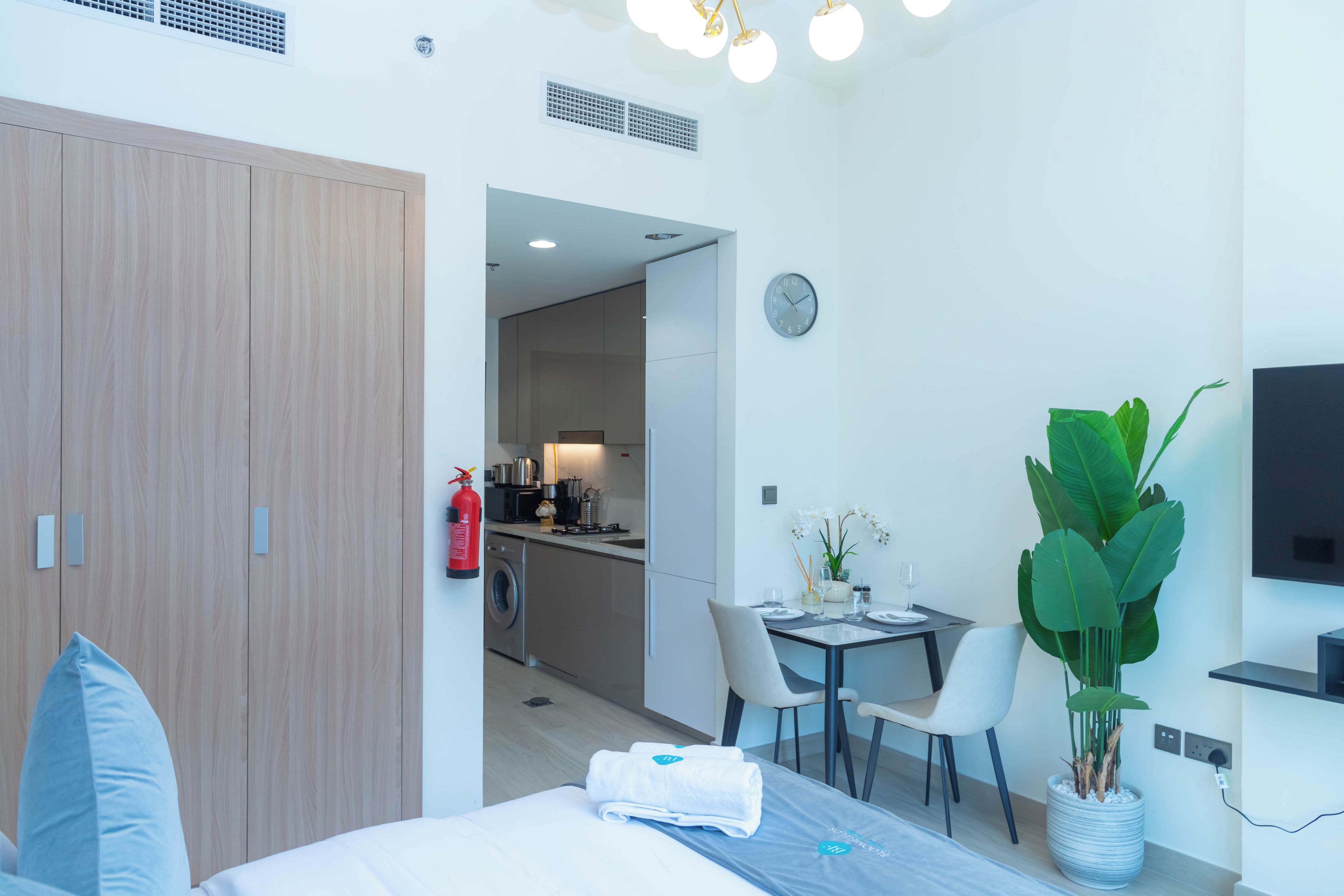 Ein modernes Hotelzimmer mit Bett, Schreibtisch, Stuhl, einer Zimmerpflanze, einem Fernseher und einer durchgehenden Tür erkennbaren Küchenzeile.