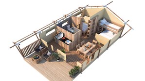 A 3D model of a compact, multi-functional living space with a kitchenette, seating area, and sleeping quarters. - Comet Glamping Tent, Ardennes (Signy-l’Abbaye)