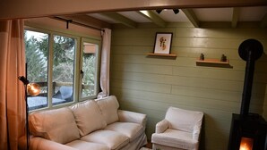 A cozy living room with a sofa and armchair, a small table with a plant, a fireplace, and a window with curtains. - Modern chalet in Dochamps with terrace (Dochamps)