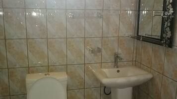 Une salle de bain équipée de toilettes, d’un lavabo et d’un miroir agrémenté d’éléments décoratifs.