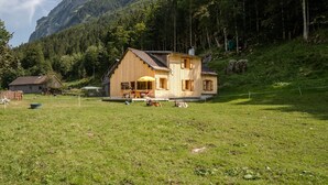 A wooden house with a porch, surrounded by a grassy field and forested mountains. - Alp H tte Bregenzerwald (Schnepfau)