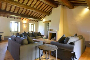 Télévision, cheminée, chaîne hi-fi