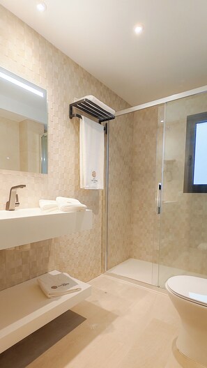 Shower, free toiletries, hair dryer, towels
