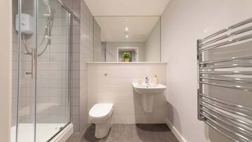 Shower, hair dryer, towels