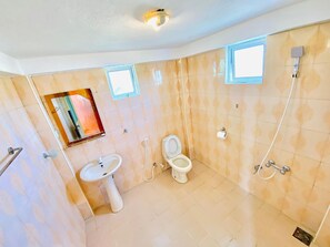 Un baño con inodoro, lavabo y ducha. Hay dos pequeñas ventanas y un espejo en la pared.
