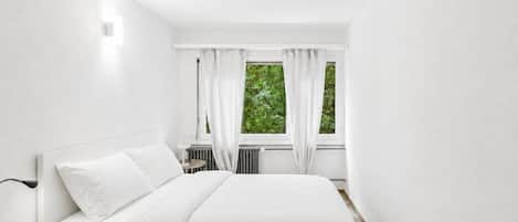 Habitación básica doble, 1 cama Queen size | Espacio para trabajar con laptop, wifi gratis y ropa de cama