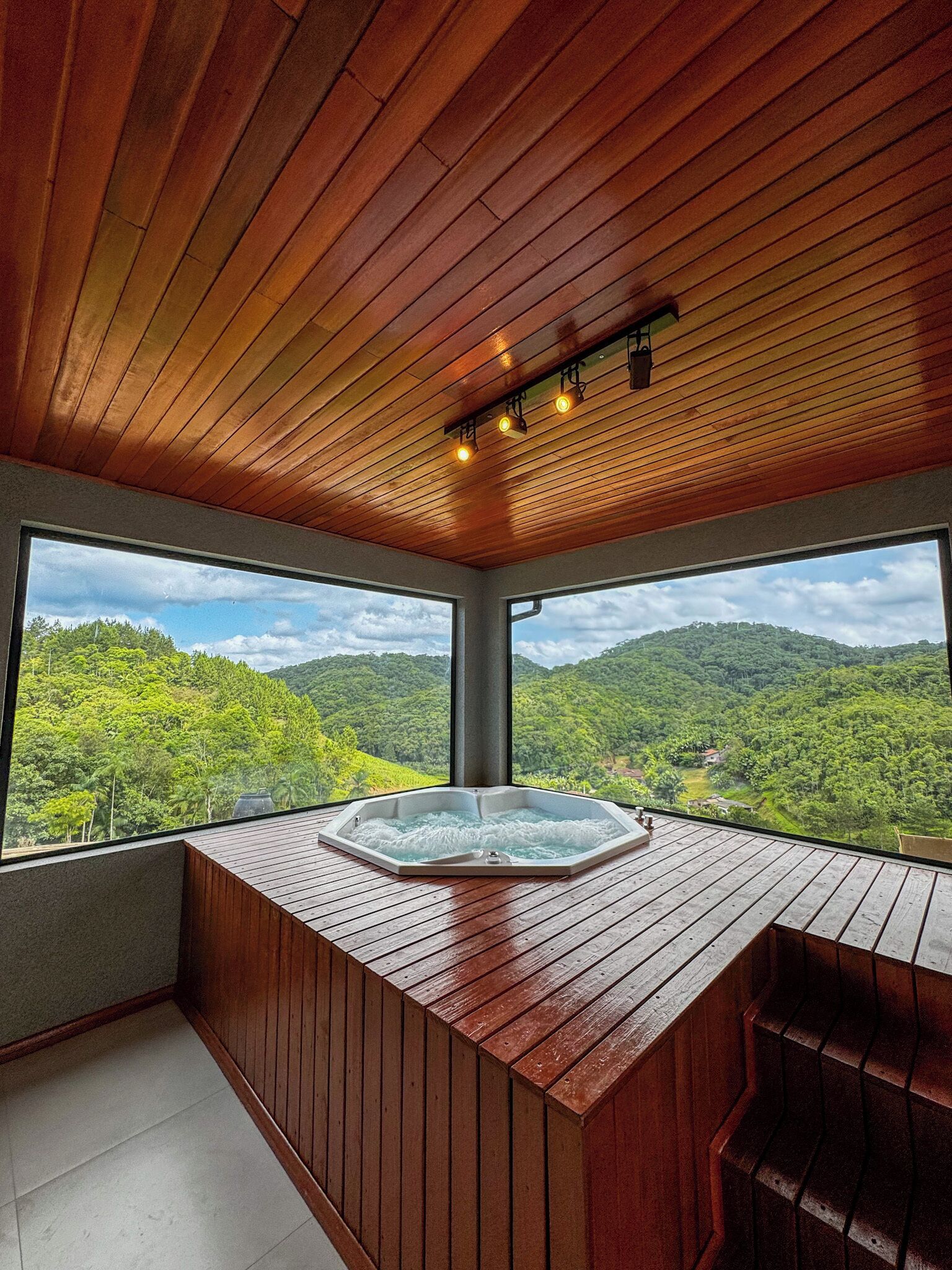 A wooden interior with a hot tub and a view of a forested landscape.