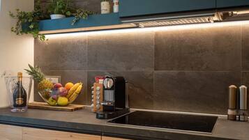 Apartment, City View | Private kitchen | Full-size fridge, microwave, stovetop, dishwasher
