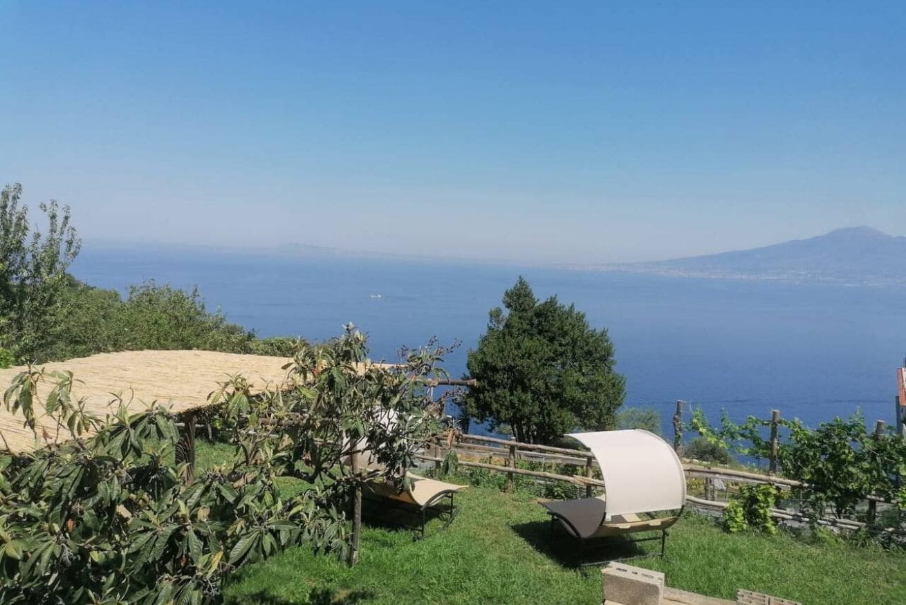 A grassy area with a white cylindrical structure, a wooden fence, and a view of the sea and a distant mountain.