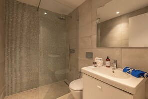 Shower, hair dryer, towels, soap