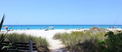 Uma trilha na praia que leva a uma praia de areia com águas azul-claras.