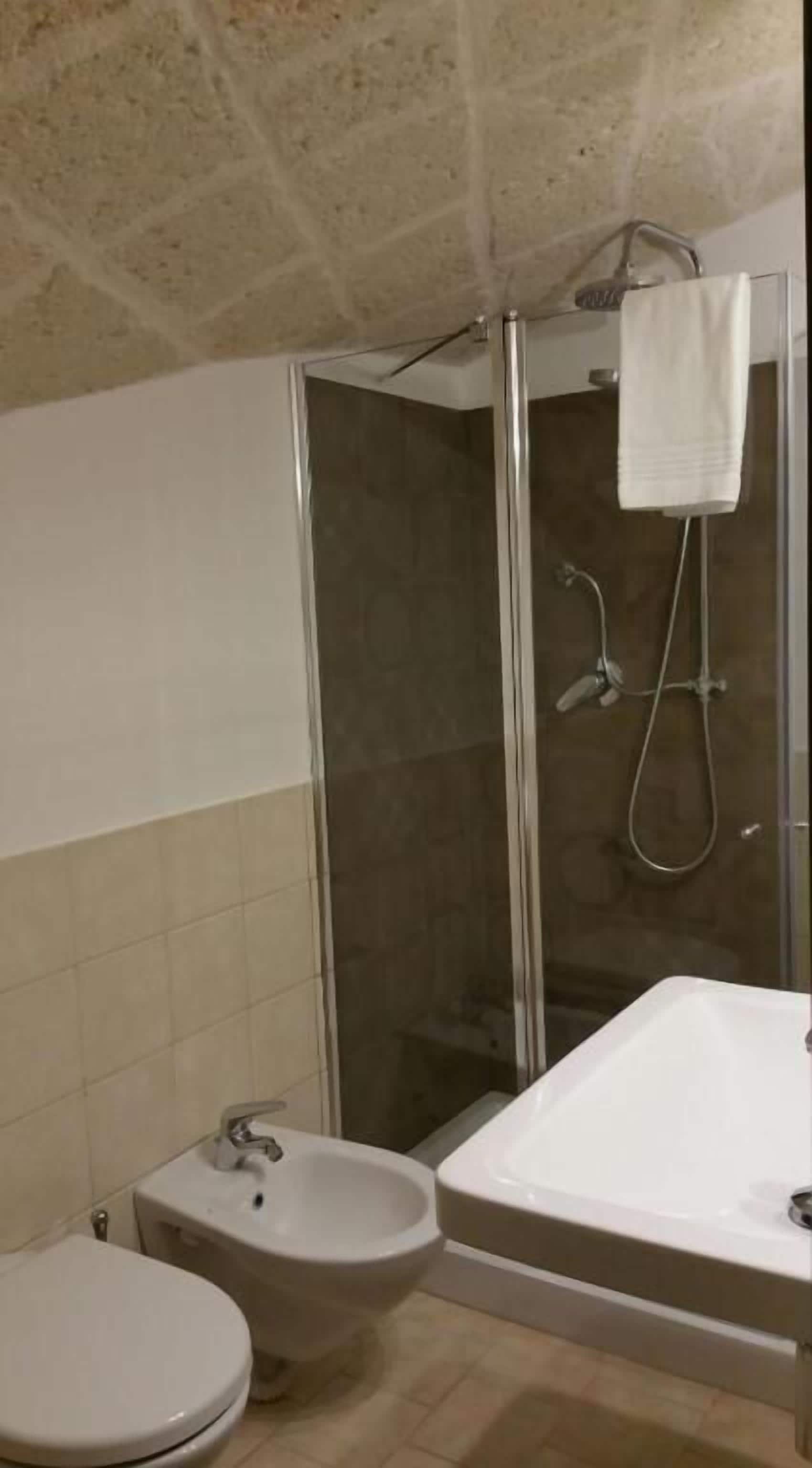 Un baño con ducha, inodoro y bidé.
