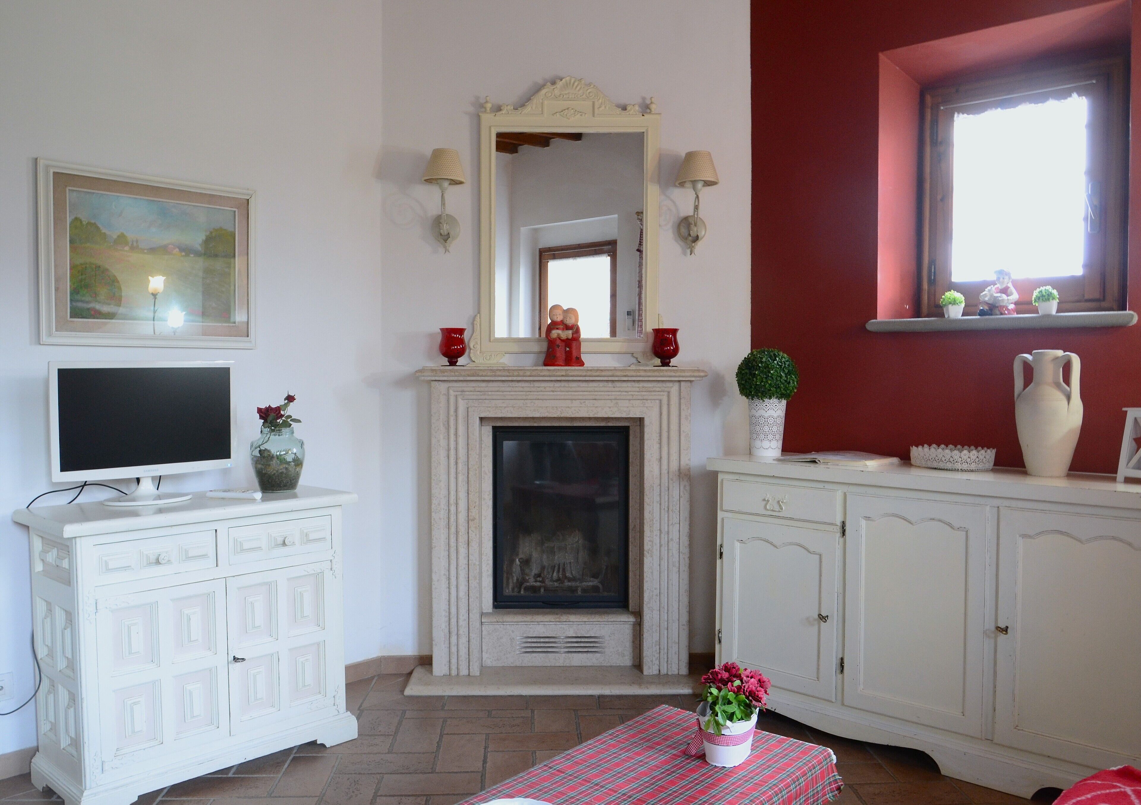 TV, fireplace, books