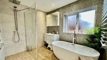 Hair dryer, towels, soap, toilet paper
