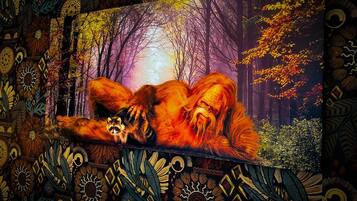 Una pintura de una persona acostada en un bosque con un mapache.